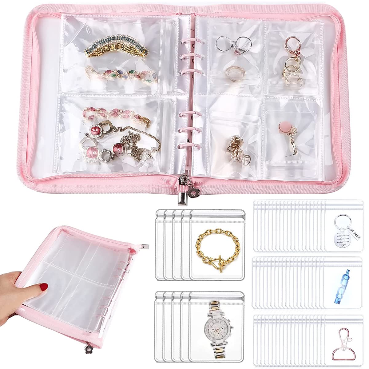 MAYCREATE Transparent Jewelry Storage Book, Anti Oxidation Jewelry Storage Organizer Bag with 60 Pockets for Bracelets Necklace Rings, Pink MAYCREATE Transparent Jewelry Storage Book, Anti Oxidation Jewelry Storage Organizer Bag with 60 Pockets for Bracelets Necklace Rings, Pink